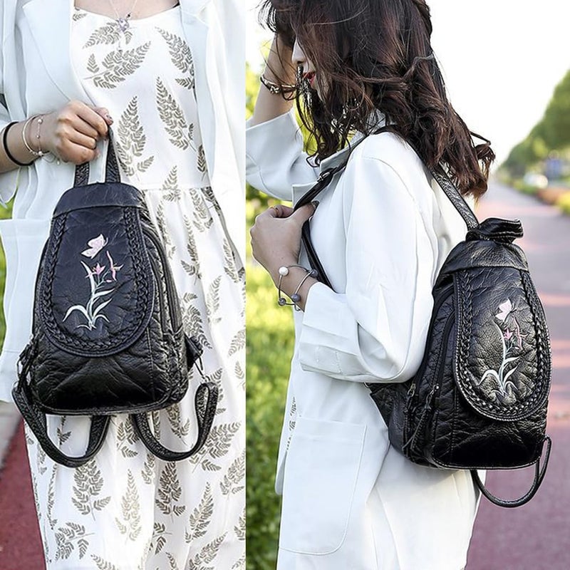NIGEDU Vintage Embroidered Women Backpacks Soft PU Leather Backpack Purse Small Female Travel Bag Black Chest Packs (Orchid) - Image 2