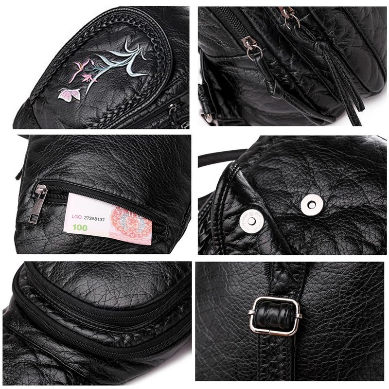 NIGEDU Vintage Embroidered Women Backpacks Soft PU Leather Backpack Purse Small Female Travel Bag Black Chest Packs (Orchid) - Image 5
