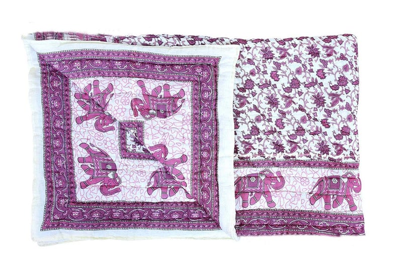 Hopee Shop 210 TC Rajasthani Jaipuri Sanganeri Elephant with Floral Printed Handmade Pure Cotton RajaiQuilt Double Bed Razai Pink and White 87x105 inch - Image 3
