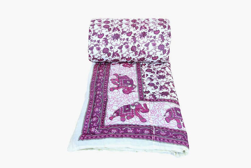 Hopee Shop 210 TC Rajasthani Jaipuri Sanganeri Elephant with Floral Printed Handmade Pure Cotton RajaiQuilt Double Bed Razai Pink and White 87x105 inch - Image 2