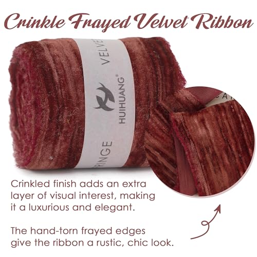 HUIHUANG Rust Red Velvet Ribbon 3 inch Rust Frayed Velvet Ribbon Crinkled Raw Edge Ribbon for Wreaths Christmas Decor Flower Bouquet Gift Wrapping Bows Making Wedding Bridal Shower Decor - Image 3
