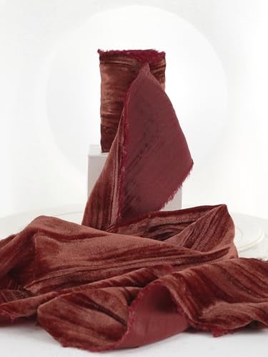 HUIHUANG Rust Red Velvet Ribbon 3 inch Rust Frayed Velvet Ribbon Crinkled Raw Edge Ribbon for Wreaths Christmas Decor Flower Bouquet Gift Wrapping Bows Making Wedding Bridal Shower Decor - Image 1