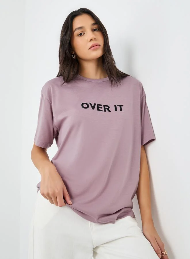Women Purple Slogan Print Oversized T-Shirt