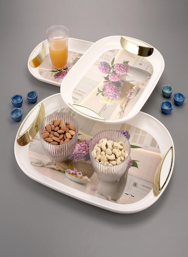 Nayasa Inspiration Plastic Oval Serving Tray Set of 3 (Small, Medium, Big) | Kitchen Tray for Serving Tea, Coffee, Snacks | Multi Purpose Serveware | White & Purple - Image 1