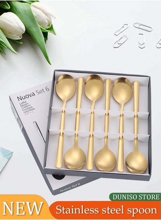 DUNISO 6 Pieces of Stainless steel soup spoon set, Korean style tableware tea spoon, mirror polished, thickened and easy to clean, suitable for household, commercial and restaurant use, 3.6 * 18.5cm, gold  - Image 1