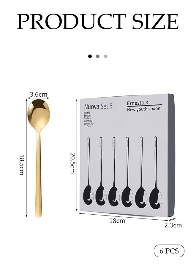 DUNISO 6 Pieces of Stainless steel soup spoon set, Korean style tableware tea spoon, mirror polished, thickened and easy to clean, suitable for household, commercial and restaurant use, 3.6 * 18.5cm, gold  - Image 2