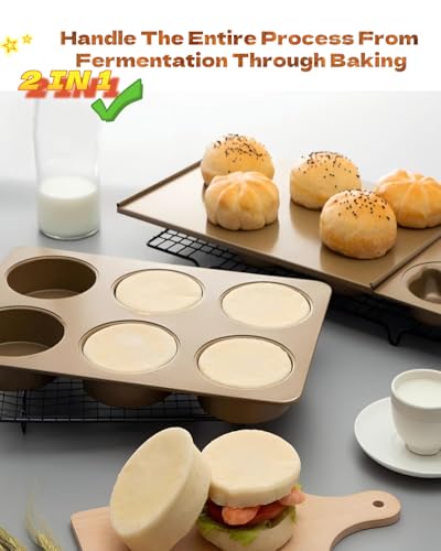 HOMOMSAE Muffin Top Pan for Baking with Lid 3.7inch Jumbo Size, 6 Cup Straight Side Professional English Muffin Cupcake Pan, Non-Stick Hamburger Bread Forms - Stainless Steel, Gold - Image 2