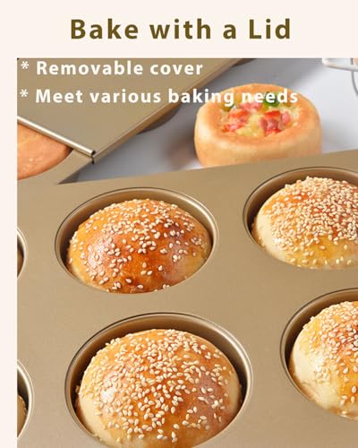 HOMOMSAE Muffin Top Pan for Baking with Lid 3.7inch Jumbo Size, 6 Cup Straight Side Professional English Muffin Cupcake Pan, Non-Stick Hamburger Bread Forms - Stainless Steel, Gold - Image 5