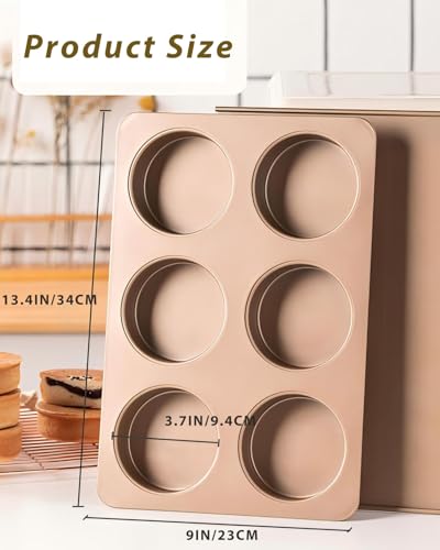HOMOMSAE Muffin Top Pan for Baking with Lid 3.7inch Jumbo Size, 6 Cup Straight Side Professional English Muffin Cupcake Pan, Non-Stick Hamburger Bread Forms - Stainless Steel, Gold - Image 3