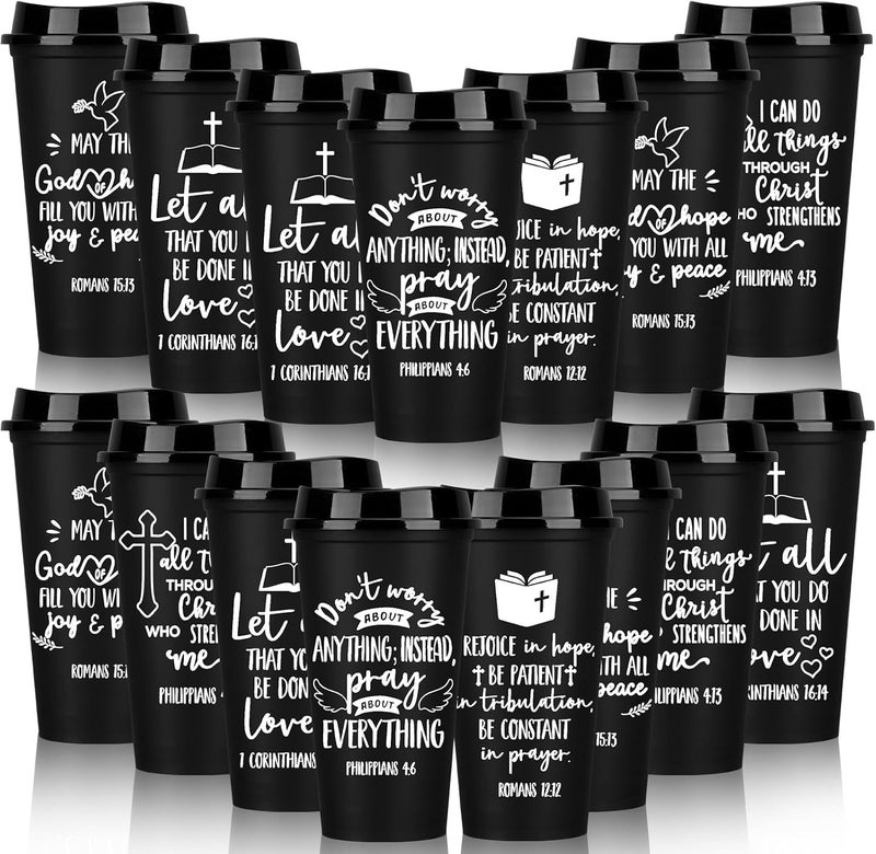 Pickmesh أكواب قهوة مسيحية قابلة لإعادة الاستخدام من بيكمش 15 قطعة مع آيات من الكتاب المقدس بلاستيكية بسعة 16 أونصة هدية يوم الأم لموظفي الكنيسة للمعلمين والموظفين باللون الأسود - Image 1