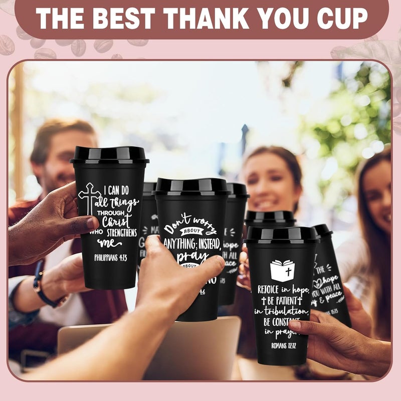 Pickmesh أكواب قهوة مسيحية قابلة لإعادة الاستخدام من بيكمش 15 قطعة مع آيات من الكتاب المقدس بلاستيكية بسعة 16 أونصة هدية يوم الأم لموظفي الكنيسة للمعلمين والموظفين باللون الأسود - Image 5