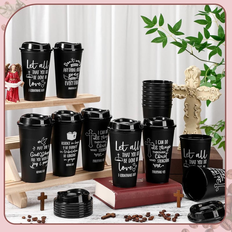 Pickmesh أكواب قهوة مسيحية قابلة لإعادة الاستخدام من بيكمش 15 قطعة مع آيات من الكتاب المقدس بلاستيكية بسعة 16 أونصة هدية يوم الأم لموظفي الكنيسة للمعلمين والموظفين باللون الأسود - Image 4