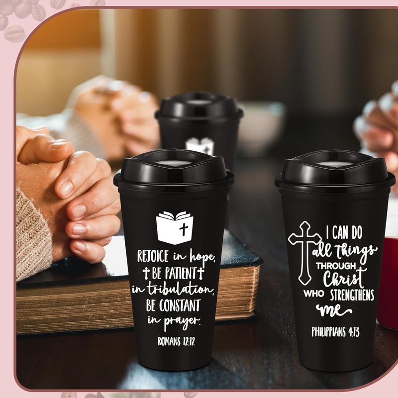 Pickmesh أكواب قهوة مسيحية قابلة لإعادة الاستخدام من بيكمش 15 قطعة مع آيات من الكتاب المقدس بلاستيكية بسعة 16 أونصة هدية يوم الأم لموظفي الكنيسة للمعلمين والموظفين باللون الأسود - Image 3