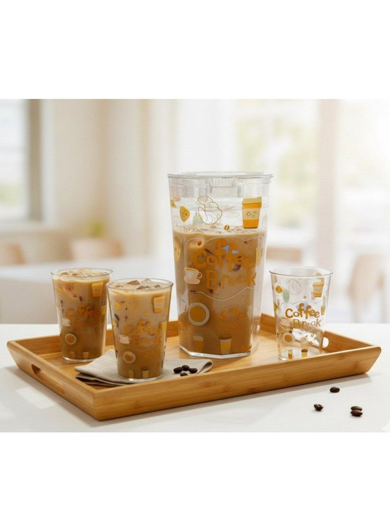 2L Vintage Fresh coffee Design Acrylic Pitcher Set with 4 Matching Glasses, Clear with Brown Print, for Water Juice ice coffee - Image 1