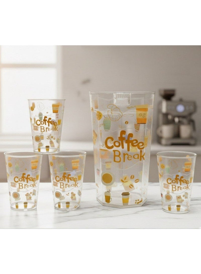 2L Vintage Fresh coffee Design Acrylic Pitcher Set with 4 Matching Glasses, Clear with Brown Print, for Water Juice ice coffee - Image 2