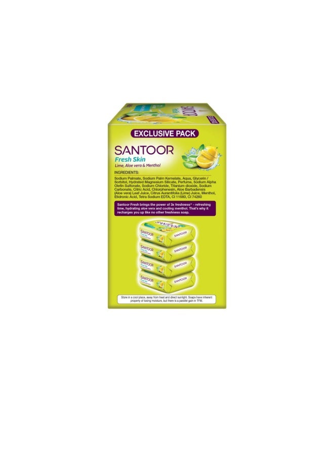Santoor Fresh Skin Bathing Soap with Lime, Aloe vera & Menthol|Experience 3X Freshness Like Never Before|For All skin Type|150G, pack of 4 - Image 2
