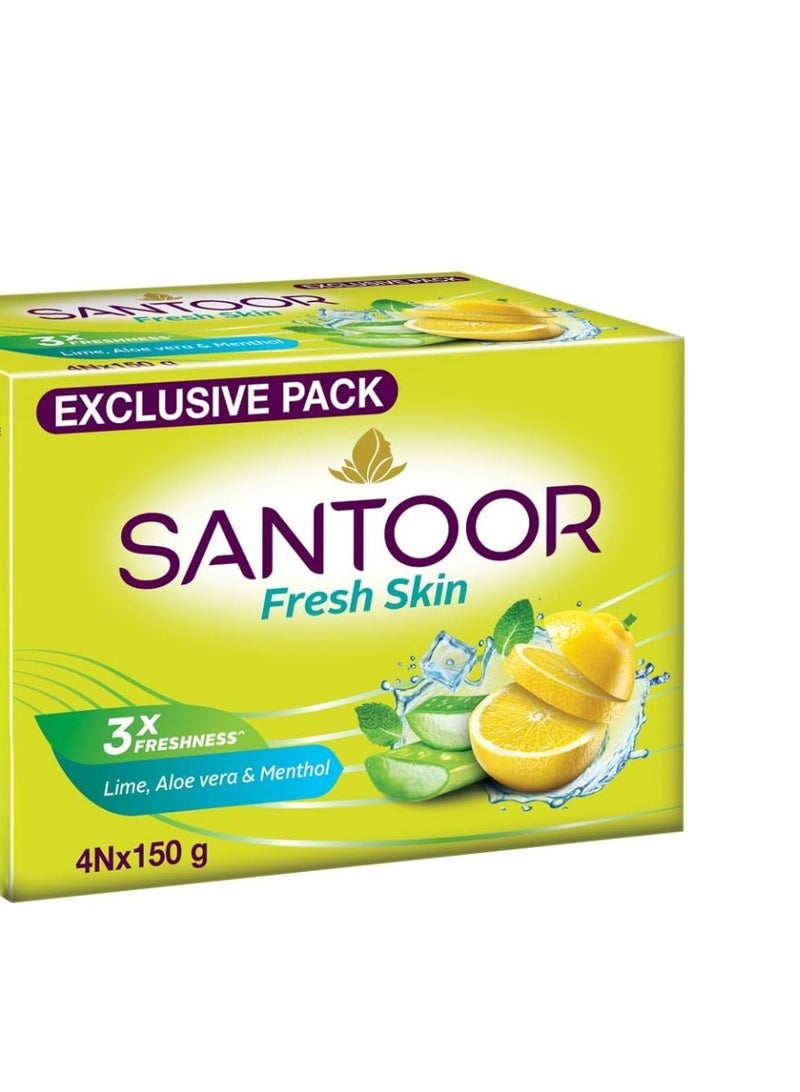 Santoor Fresh Skin Bathing Soap with Lime, Aloe vera & Menthol|Experience 3X Freshness Like Never Before|For All skin Type|150G, pack of 4 - Image 1