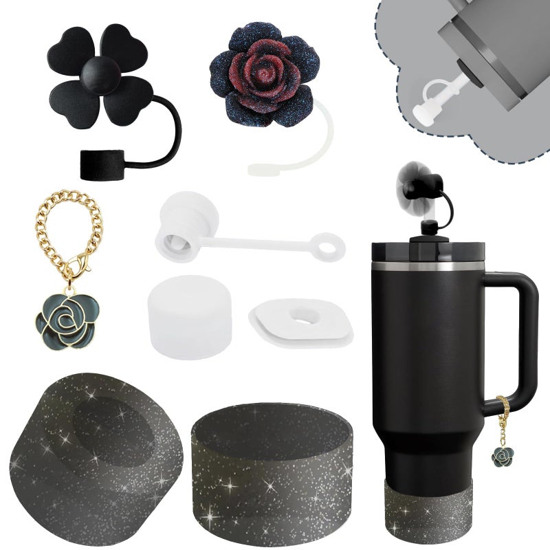 vikgle Stanley Cup Accessories Set,Including 2 Pcs 0.4in Straw Cover, 1 Silicone Spill-Proof Stopper Set of 3, 1 Cute Rose Handle Charm, 1 Silicone Boot Fits Stanley 40&30 Oz Tumbler (Black 2.0) - Image 1