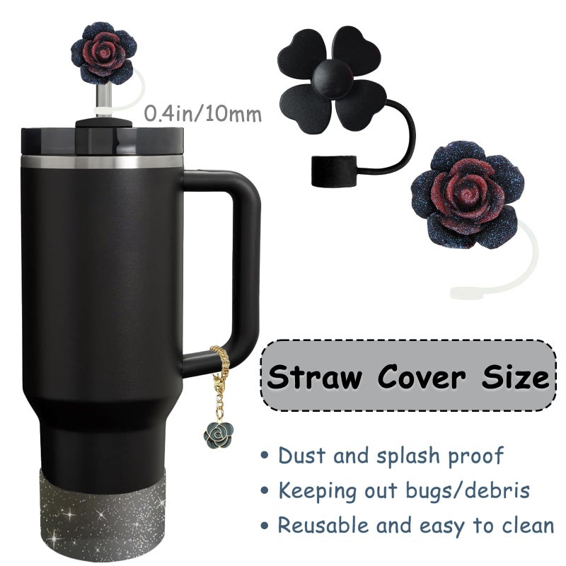 vikgle Stanley Cup Accessories Set,Including 2 Pcs 0.4in Straw Cover, 1 Silicone Spill-Proof Stopper Set of 3, 1 Cute Rose Handle Charm, 1 Silicone Boot Fits Stanley 40&30 Oz Tumbler (Black 2.0) - Image 2