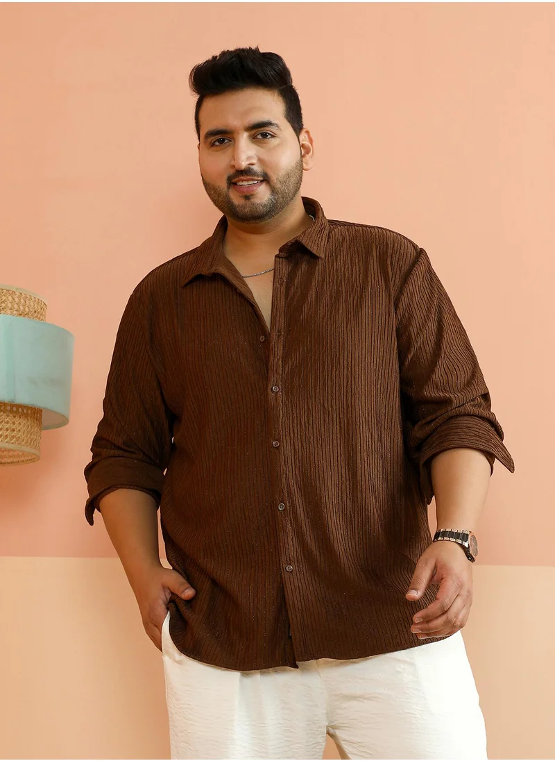 انستافاب بلس Instafab Plus Men's Mocha Brown Trough-Crease Shirt For Casual Wear | Spread Collar | Long Cuffed Sleeves | Button Closure | Plus Size Shirt Crafted With Comfort Fit For Everyday Wear