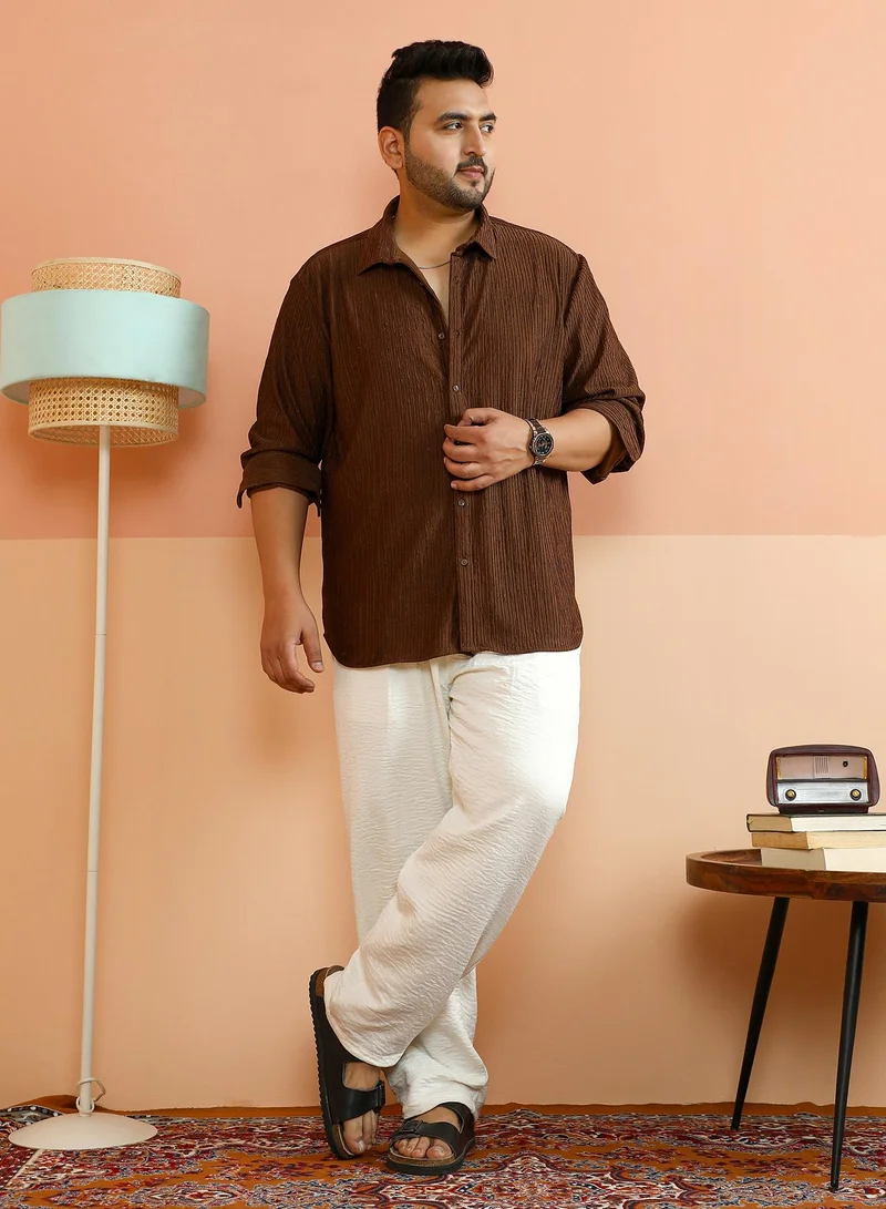 Instafab Plus Instafab Plus Men's Mocha Brown Trough-Crease Shirt For Casual Wear | Spread Collar | Long Cuffed Sleeves | Button Closure | Plus Size Shirt Crafted With Comfort Fit For Everyday Wear