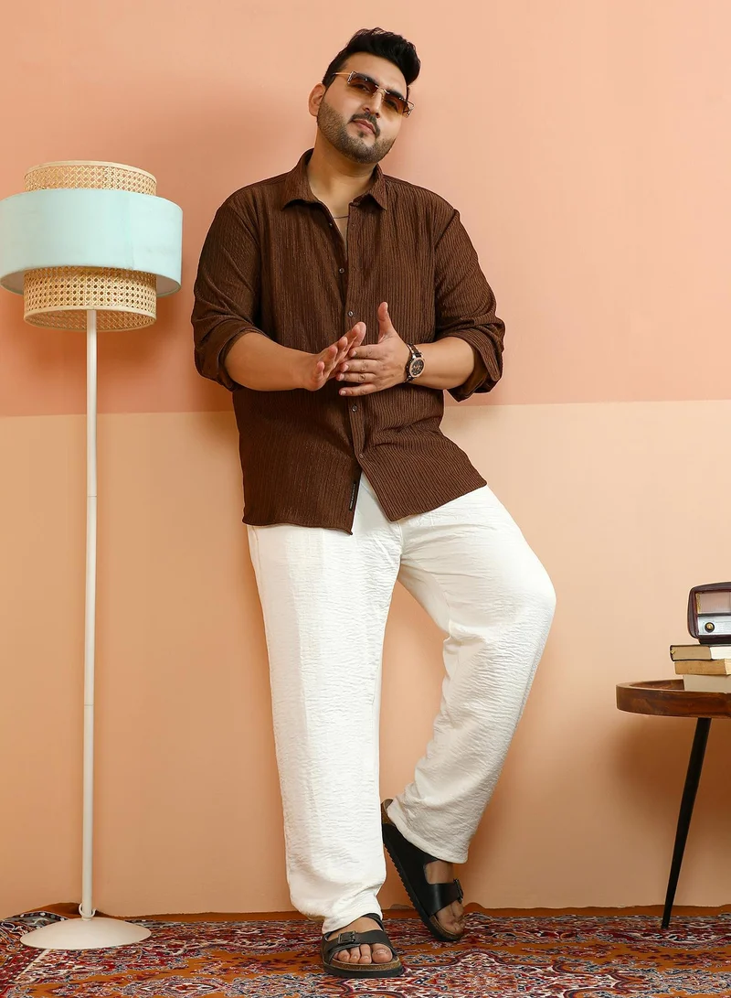 Instafab Plus Instafab Plus Men's Mocha Brown Trough-Crease Shirt For Casual Wear | Spread Collar | Long Cuffed Sleeves | Button Closure | Plus Size Shirt Crafted With Comfort Fit For Everyday Wear