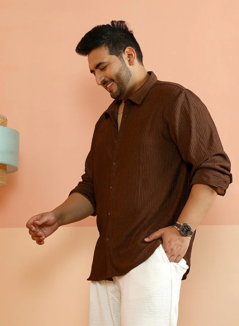 Instafab Plus Instafab Plus Men's Mocha Brown Trough-Crease Shirt For Casual Wear | Spread Collar | Long Cuffed Sleeves | Button Closure | Plus Size Shirt Crafted With Comfort Fit For Everyday Wear