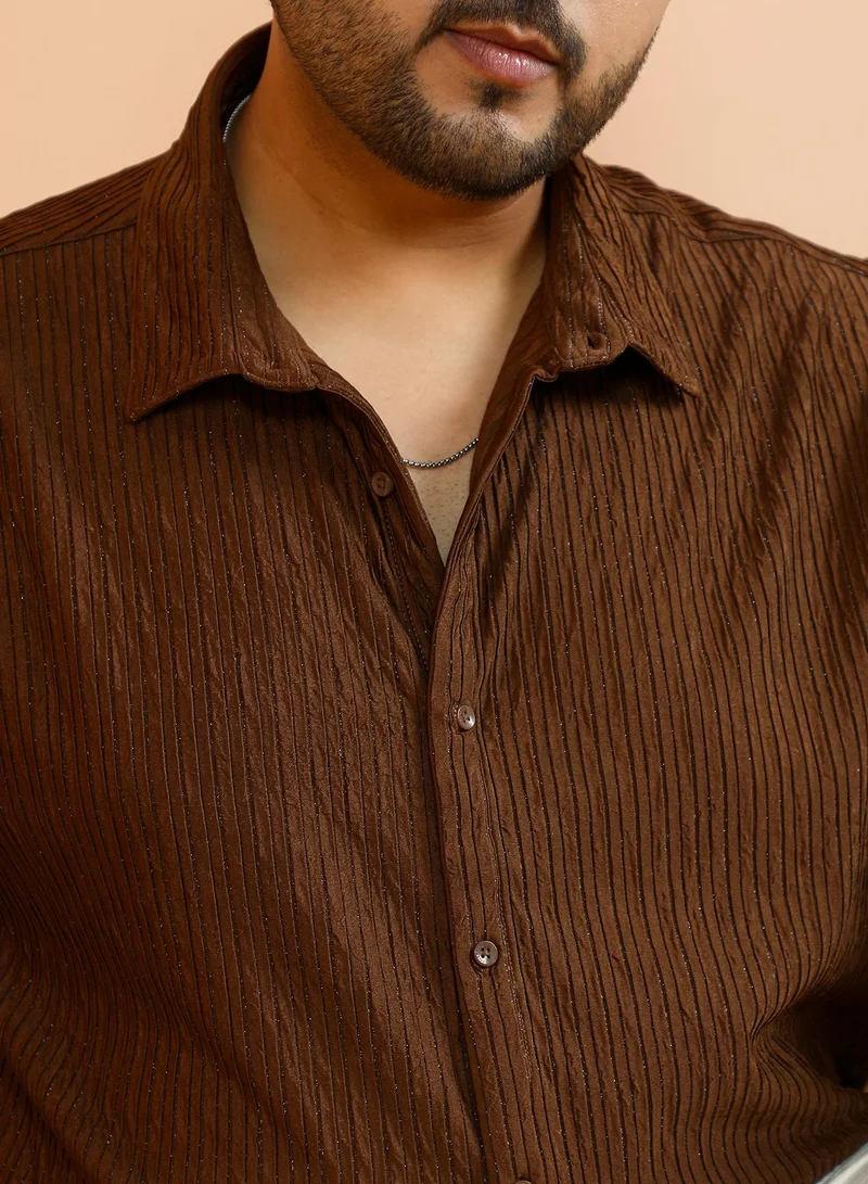 Instafab Plus Instafab Plus Men's Mocha Brown Trough-Crease Shirt For Casual Wear | Spread Collar | Long Cuffed Sleeves | Button Closure | Plus Size Shirt Crafted With Comfort Fit For Everyday Wear