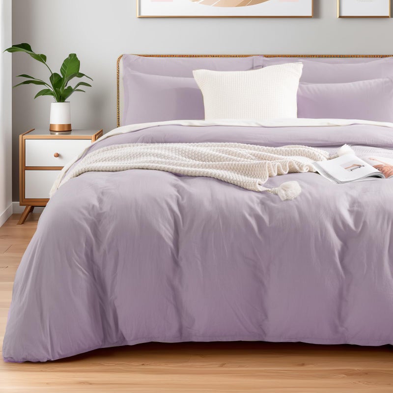 مجموعة أغطية لحاف NEXHOME PRO 100 قطن مغسول للأطفال توأم XL 66x92 قماش كتان عضوي طبيعي مثل الملمس 2 قطع مجموعة سرير لافندر بنفسجي مع إغلاق بسحاب وروابط زوايا قابلة للتنفس بدون لحاف