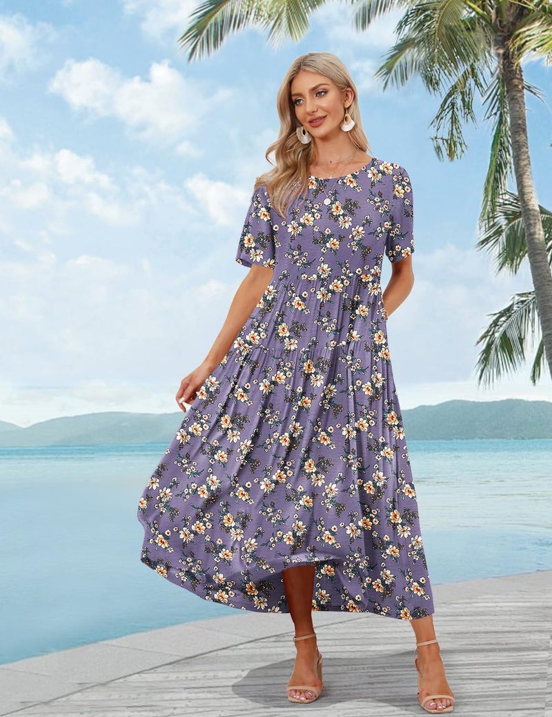 YESNO Women Casual Loose Bohemian Floral Dress with Pockets Short Sleeve Long Maxi Summer Beach Swing Dress 2XL EJF CR08 Purple - Image 2