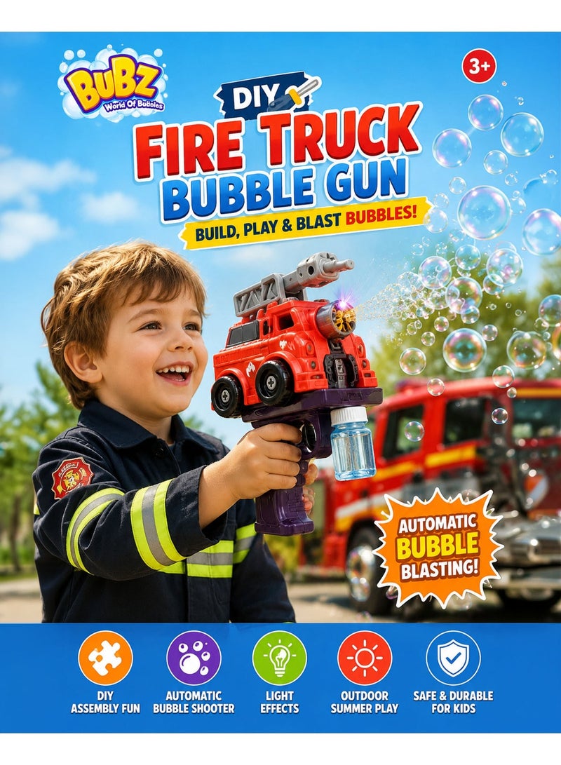 BUBZ DIY Electric Fire Truck Bubble Gun Toy for Kids, Automatic Bubble Blaster Machine with Lights & Assembly Playset, Interactive Bubble Shooter with Screwdriver & Bubble Solution, Outdoor Summer Bubble Toy for Boys & Girls Age 3+ Educational STEM Bubble Maker Gift - Image 1