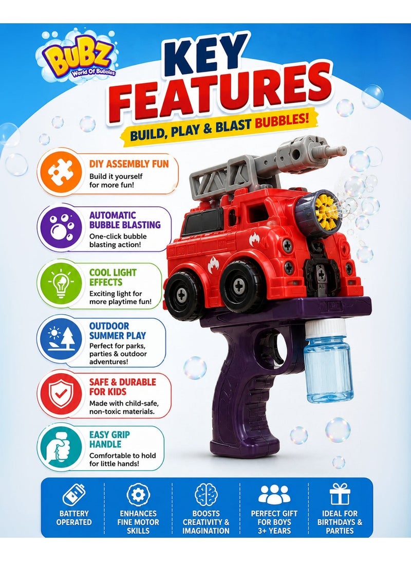 BUBZ DIY Electric Fire Truck Bubble Gun Toy for Kids, Automatic Bubble Blaster Machine with Lights & Assembly Playset, Interactive Bubble Shooter with Screwdriver & Bubble Solution, Outdoor Summer Bubble Toy for Boys & Girls Age 3+ Educational STEM Bubble Maker Gift - Image 2