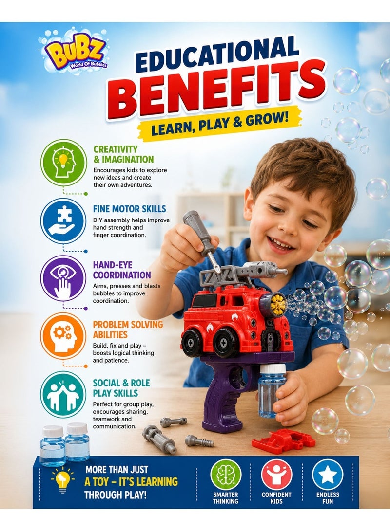 BUBZ DIY Electric Fire Truck Bubble Gun Toy for Kids, Automatic Bubble Blaster Machine with Lights & Assembly Playset, Interactive Bubble Shooter with Screwdriver & Bubble Solution, Outdoor Summer Bubble Toy for Boys & Girls Age 3+ Educational STEM Bubble Maker Gift - Image 4