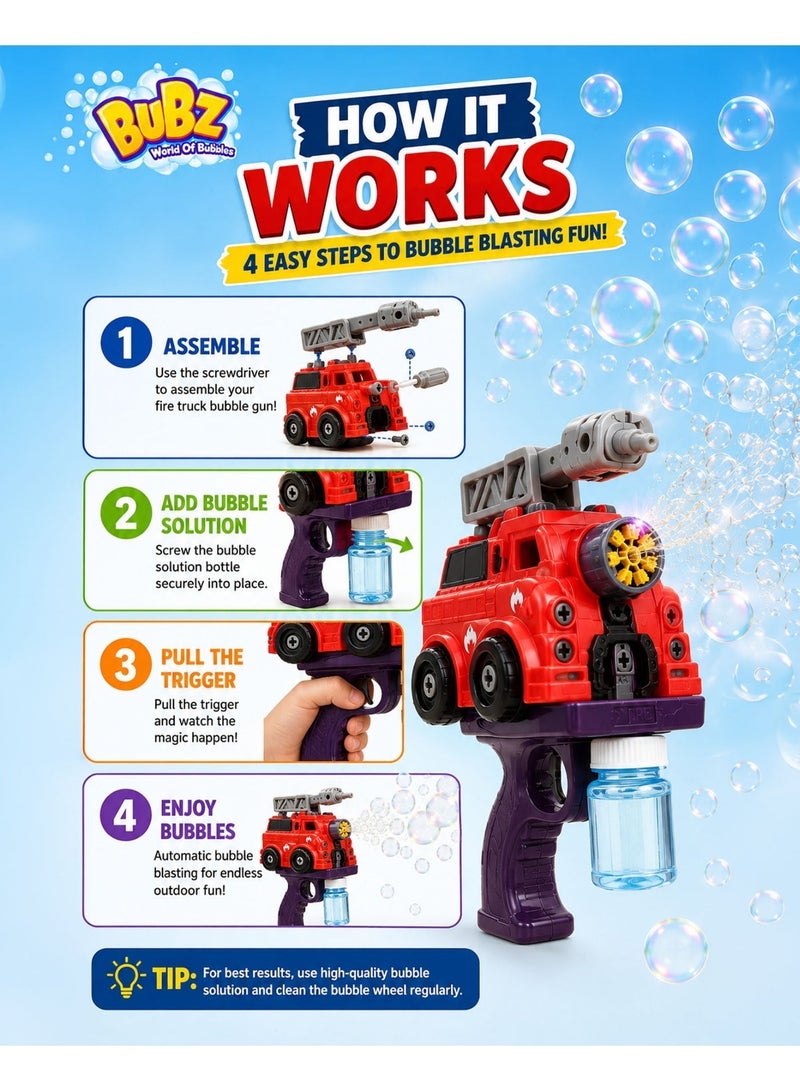 BUBZ DIY Electric Fire Truck Bubble Gun Toy for Kids, Automatic Bubble Blaster Machine with Lights & Assembly Playset, Interactive Bubble Shooter with Screwdriver & Bubble Solution, Outdoor Summer Bubble Toy for Boys & Girls Age 3+ Educational STEM Bubble Maker Gift - Image 3