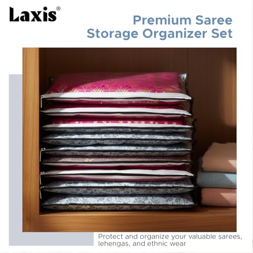 LAXIS® Non-Woven Printed Single Saree Cover, Saree Bag Pack of 10Pcs, Transparent Saree Covers With Zip, Saree Covers For Storage, Wardrobe Organiser, Size-36x42x2cm (Grey) - Image 3