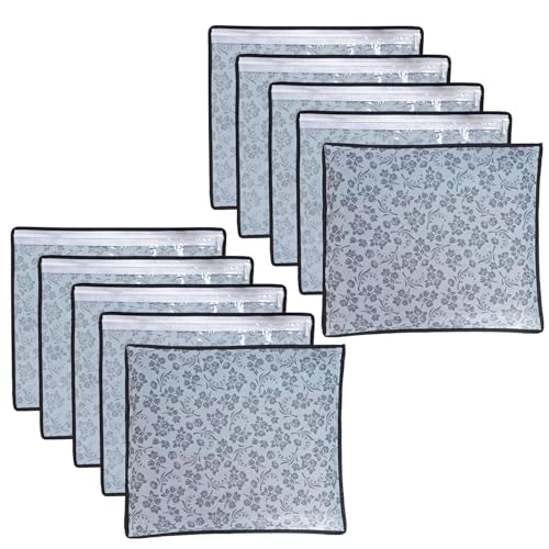 LAXIS® Non-Woven Printed Single Saree Cover, Saree Bag Pack of 10Pcs, Transparent Saree Covers With Zip, Saree Covers For Storage, Wardrobe Organiser, Size-36x42x2cm (Grey) - Image 1
