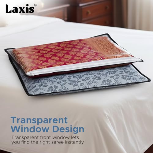 LAXIS® Non-Woven Printed Single Saree Cover, Saree Bag Pack of 10Pcs, Transparent Saree Covers With Zip, Saree Covers For Storage, Wardrobe Organiser, Size-36x42x2cm (Grey) - Image 4