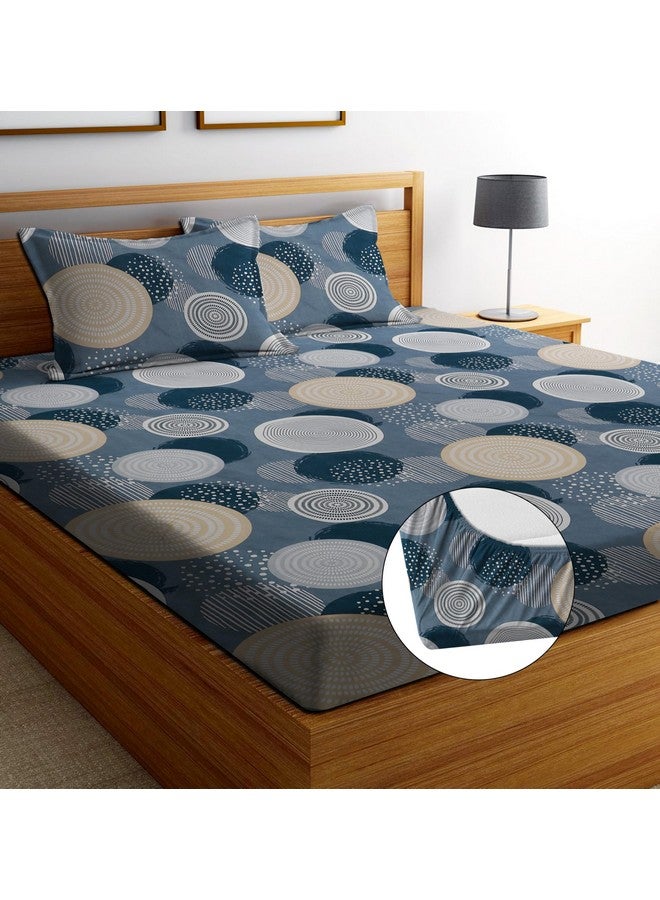 RD TREND Presents Luxurious Glace Cotton Super Soft 210 TC 360° Elastic Fitted Bedsheet King Size (78X72X8 Inch) with 2 Pillow Covers, Color -Grey Gold, Pattern-Circle - Image 1