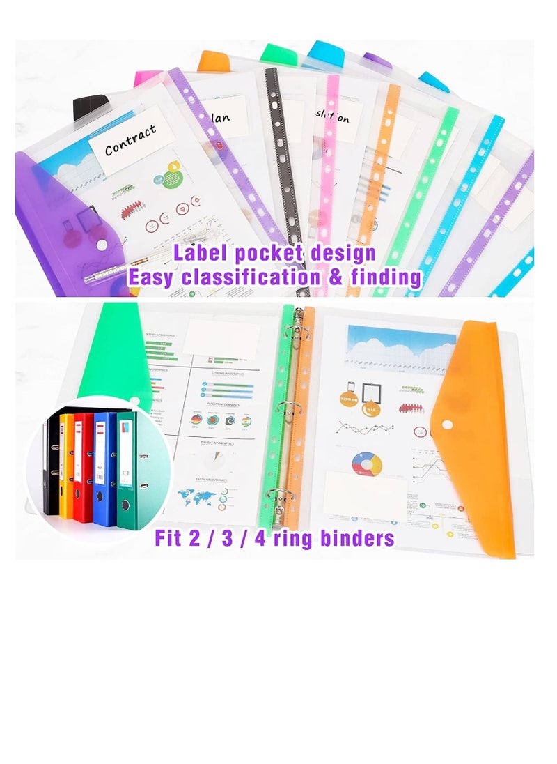 Excefore - A4 Punched File Pockets, Plastic Envelopes, 12Pcs Plastic Document Files, Document File Folders with Snap Closure, Poly Envelopes, for Home,Office and School (Colorful) - Image 1