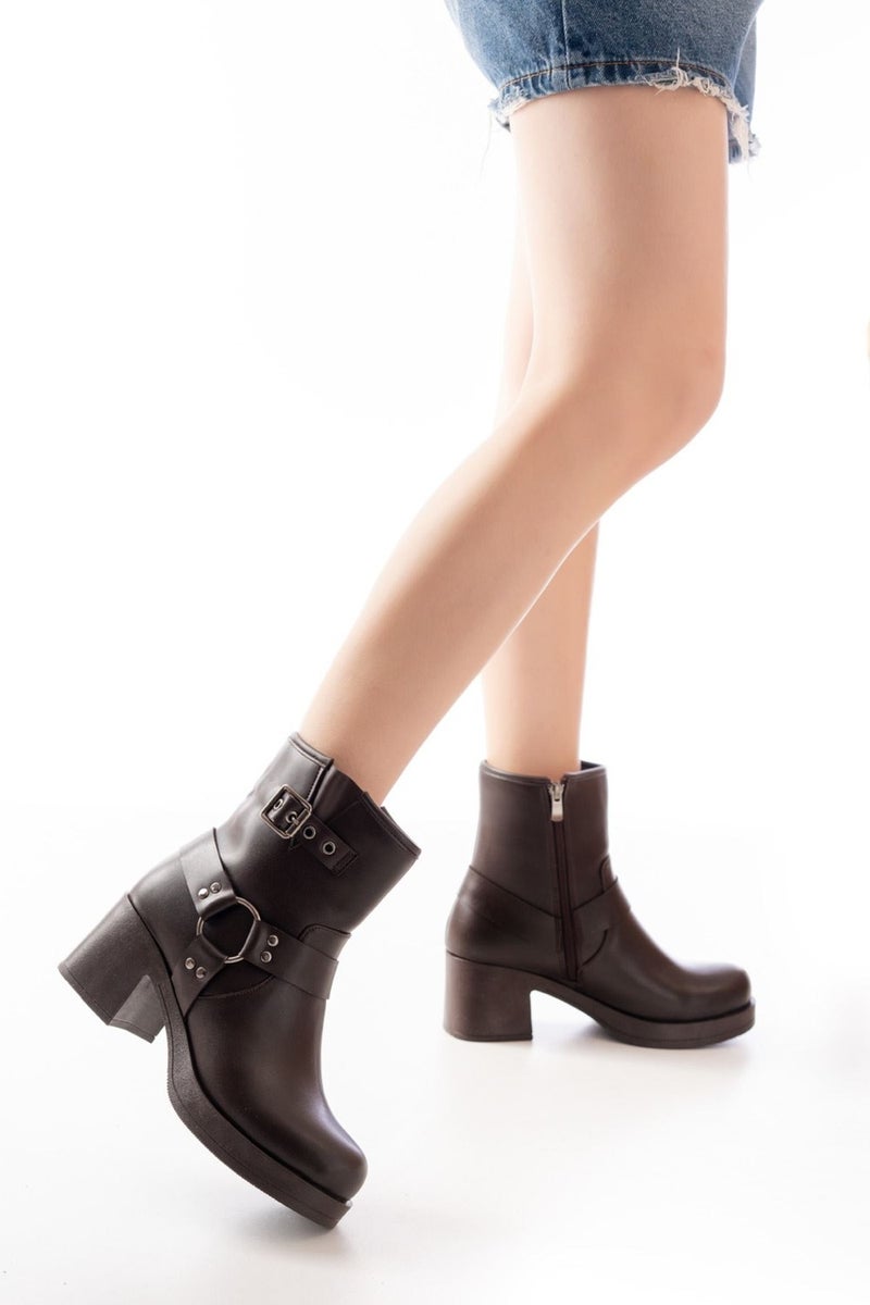 Kaite 5109-3042 Brown Buckle Accessory Zippered Thick Heeled Casual Women's Boots  - Image 1