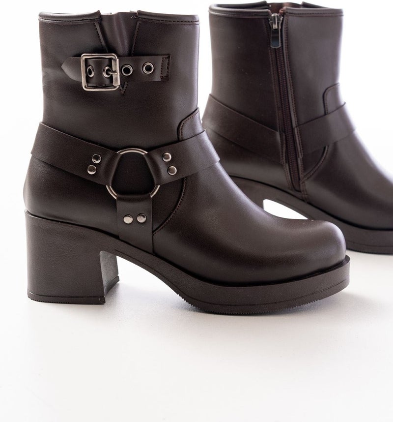 Kaite 5109-3042 Brown Buckle Accessory Zippered Thick Heeled Casual Women's Boots  - Image 4