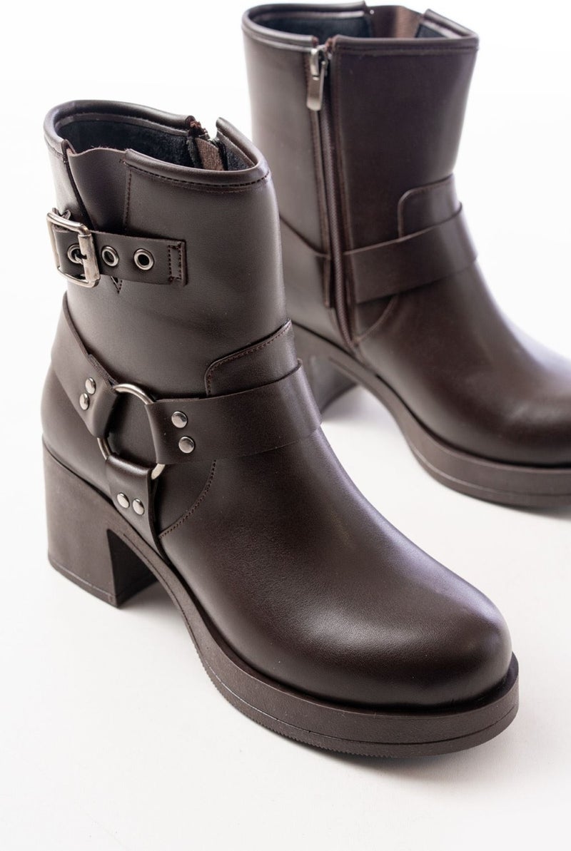 Kaite 5109-3042 Brown Buckle Accessory Zippered Thick Heeled Casual Women's Boots  - Image 3