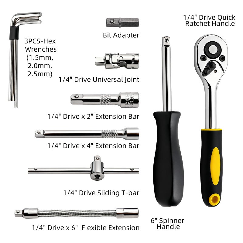 Elinoover 46-Piece Socket Wrench Set, Premium 1/4 inch Metric Socket Set, Ratchet Set with Quick-Release Ratchet and Extension Bar, Compact Storage Case - Perfect for Auto Repair & Home Use - Image 3