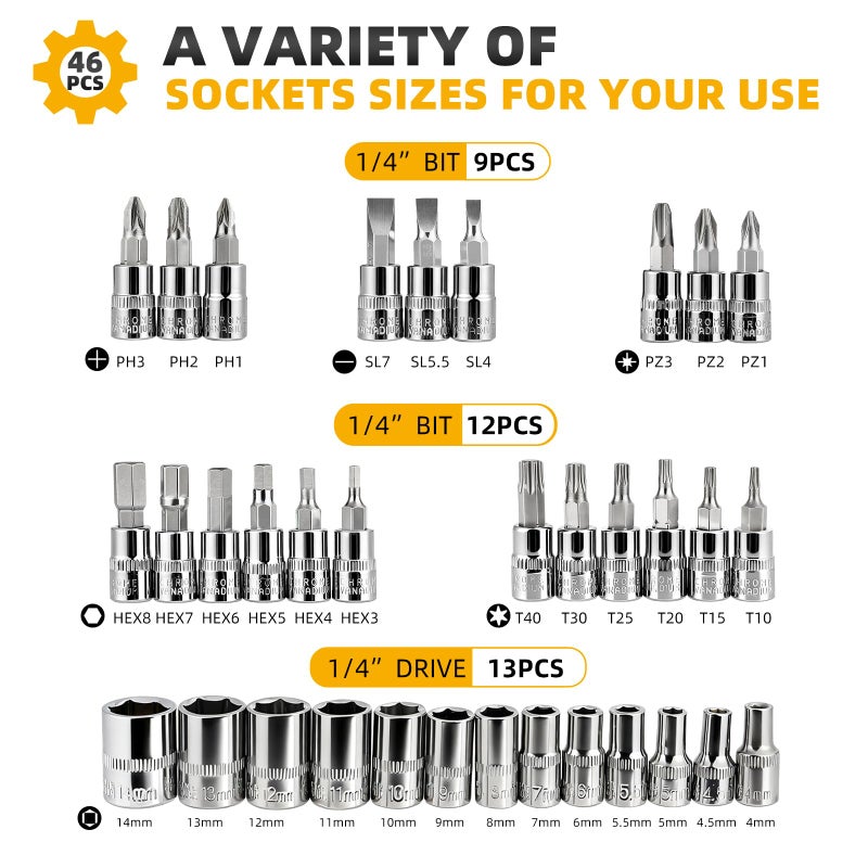Elinoover 46-Piece Socket Wrench Set, Premium 1/4 inch Metric Socket Set, Ratchet Set with Quick-Release Ratchet and Extension Bar, Compact Storage Case - Perfect for Auto Repair & Home Use - Image 2