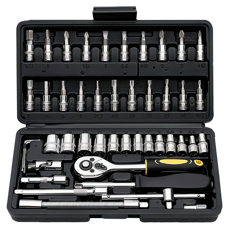 Elinoover 46-Piece Socket Wrench Set, Premium 1/4 inch Metric Socket Set, Ratchet Set with Quick-Release Ratchet and Extension Bar, Compact Storage Case - Perfect for Auto Repair & Home Use - Image 1