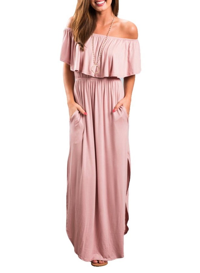 Sarin Mathews Womens Off The Shoulder Ruffle Party Dress Side Split Beach Long Maxi Dresses Pink L - Image 1