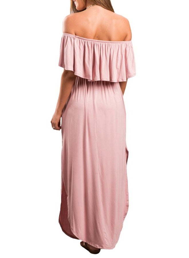 Sarin Mathews Womens Off The Shoulder Ruffle Party Dress Side Split Beach Long Maxi Dresses Pink L - Image 4