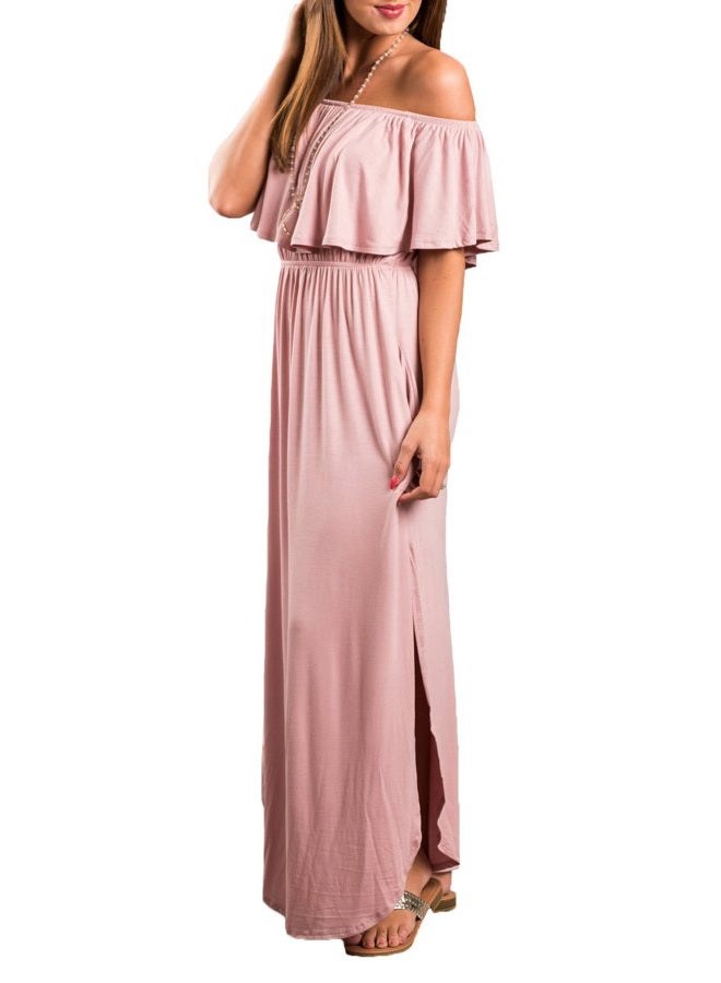 Sarin Mathews Womens Off The Shoulder Ruffle Party Dress Side Split Beach Long Maxi Dresses Pink L - Image 2