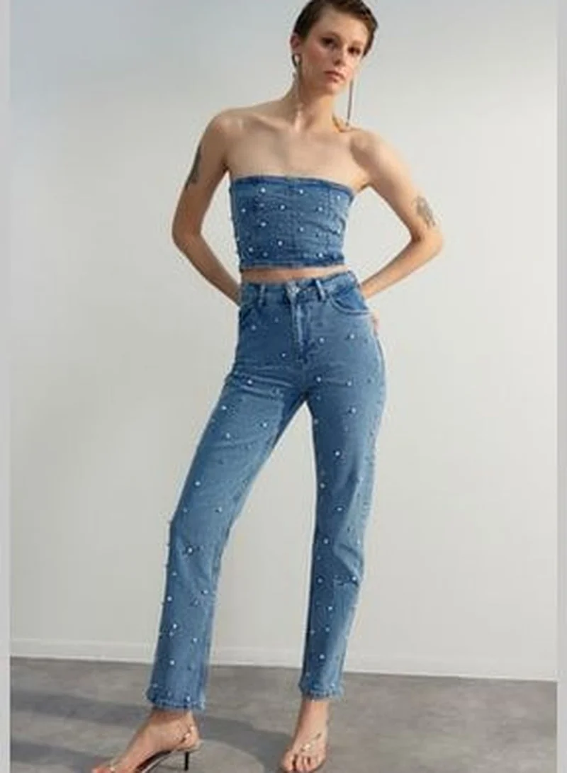 trendyol Limited Edition Blue Pearls High Waist Straight Jeans TWOSS23JE00217