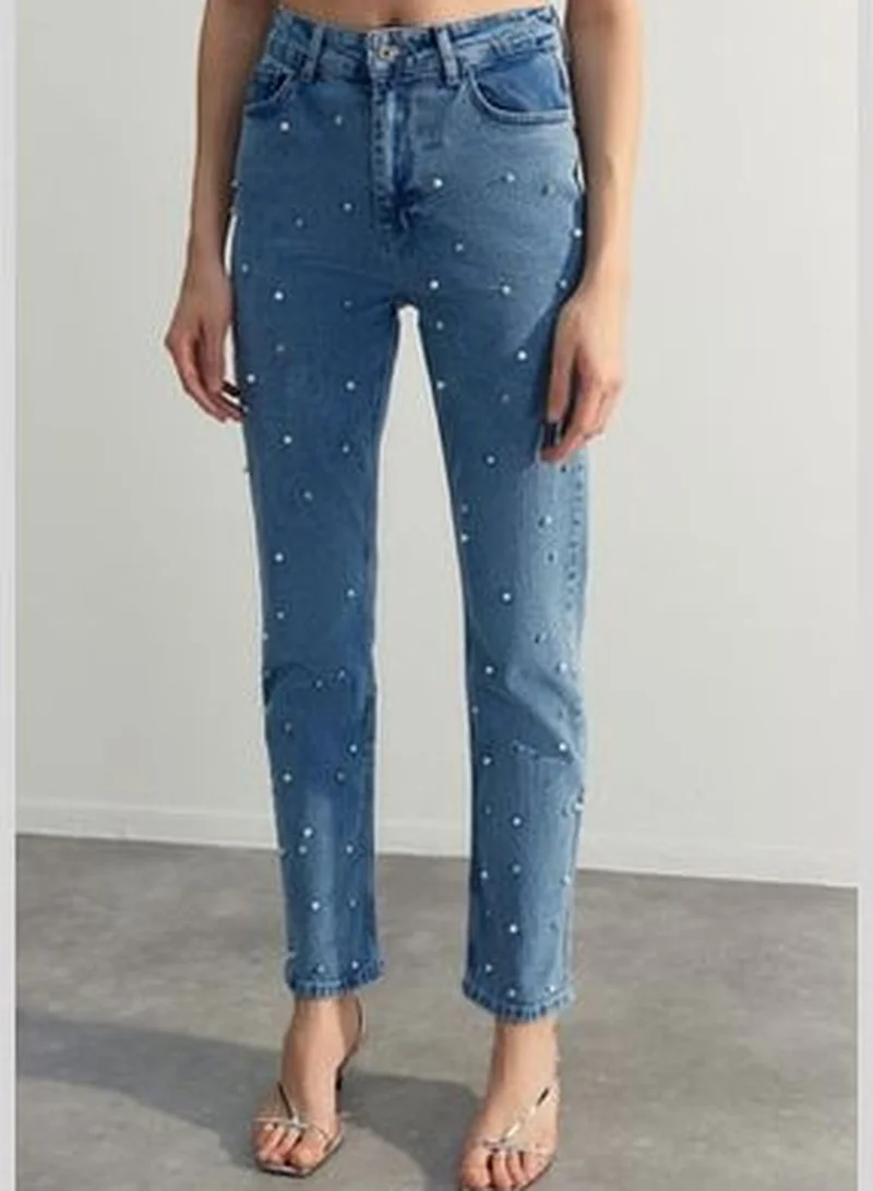 trendyol Limited Edition Blue Pearls High Waist Straight Jeans TWOSS23JE00217